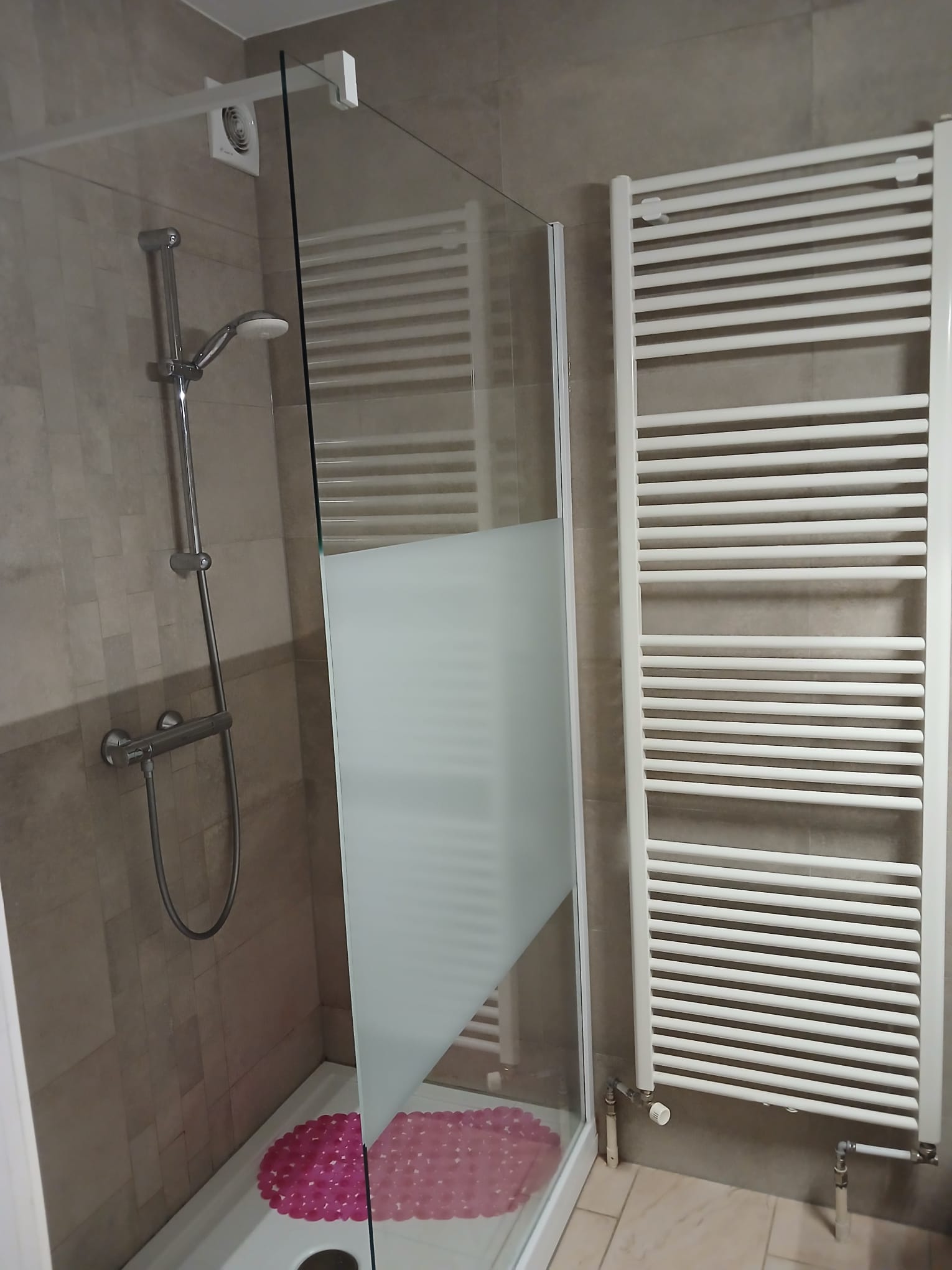 Douche à paroi vitrée et sèche-serviettes